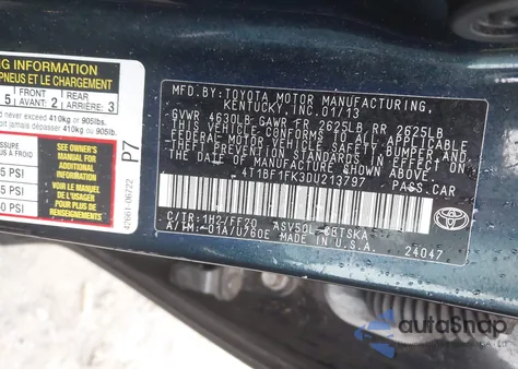 2013 Toyota Camry Se z USA, uszkodzony, nr VIN 4T1BF1FK3DU213797